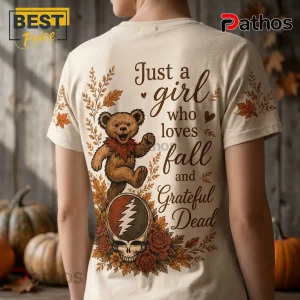 Grateful Dead Fall Dancing Bear T-Shirt in beige featuring a dancing bear, autumn leaves, and a skull graphic on the back.