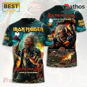 Iron Maiden Run For Your Lives 2026 tour t-shirt featuring Eddie the mascot holding an axe against a stormy sky background.!