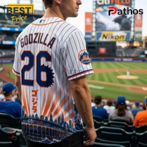 New York Mets x Godzilla Minus One baseball jersey featuring blue pinstripes, the number 26, and city skyline graphics.