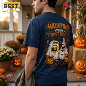 SpongeBob SquarePants Halloween 2026 T-Shirt 2 SpongeBob SquarePants Halloween 2026 T-Shirt featuring SpongeBob and Patrick dressed as ghosts on a navy cotton shirt.