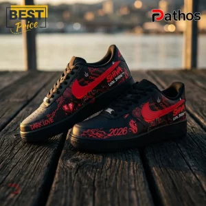 Shiva Live 2026 Black Red Custom Air Force 1 Sneakers 2 Custom black sneakers with red Nike swooshes, SHIVA LIVE 2026 text, heart, chain, and dollar sign graphics on wooden dock.!