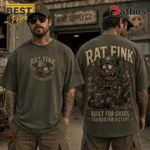 Olive green graphic t-shirt featuring Rat Fink character in army gear, hot rod, and text Army of Misfits on back print.!