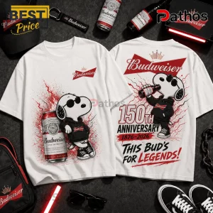 Budweiser x Snoopy 150th Anniversary white t-shirt featuring Snoopy with a Budweiser can and branded graphics.