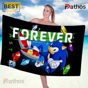 Sonic the Hedgehog 35th Anniversary Fast Forever Beach Towel 2 Sonic the Hedgehog beach towel with Fast Forever text, Chaos Emeralds, and Sega 35th anniversary logo on black background.!