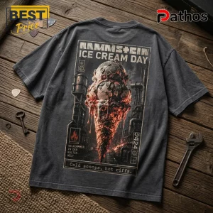 Rammstein Ice Cream Day Vintage Charcoal T-Shirt 1 Charcoal grey vintage-style cotton t-shirt with Rammstein Ice Cream Day graphic print on a wooden background.!