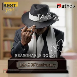 Jay-Z Reasonable Doubt 30th Anniversary Sculpted Acrylic Plaque 1 Jay-Z figurine wearing a black fedora and suit with a cigar on a dark wooden base labeled Jay-Z 30th Anniversary.!