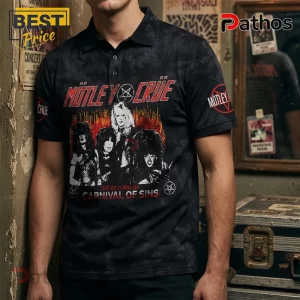 Motley Crue Carnival of Sins 2026 Tour Black Polo Shirt 2 Motley Crue Carnival of Sins 2026 Tour black polo shirt featuring a band graphic and red logo text on the chest.