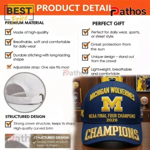 Michigan Wolverines 2026 Final Four Champions Navy Blue Cap 4 Michigan Wolverines NCAA Final Four Champions 2026 navy blue baseball cap with gold embroidered lettering and adjustable strap.!