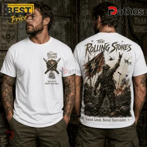 White Rolling Stones t-shirt featuring military-themed graphics, crossed daggers, and battlefield combat imagery.!