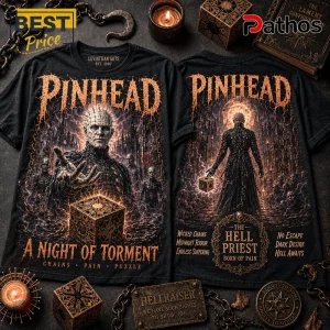 Black graphic t-shirt featuring Hellraiser Pinhead, lament configuration puzzle box, and gothic chains in orange and grey.!