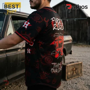 Houston Astros x Fuerza Regida Stadium Tour Black Baseball Jersey 3 Houston Astros x Fuerza Regida Stadium Tour black baseball jersey featuring red eye graphics and white text accents.