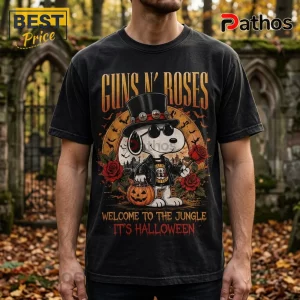 Guns N Roses x Snoopy Welcome To The Jungle T-Shirt featuring Snoopy in a top hat and leather jacket with red roses.