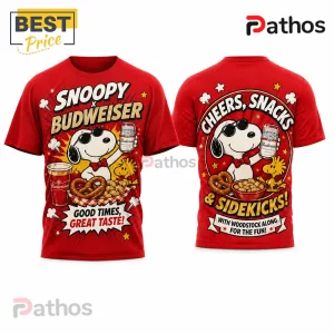 Snoopy x Budweiser Vintage Comic T-Shirt featuring Snoopy and Woodstock with beer and snacks on a bright red background.
