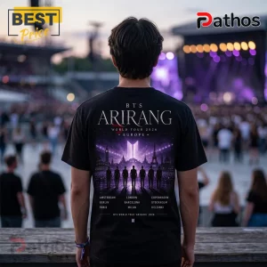 BTS Arirang World Tour 2026 Limited Edition T-Shirt 2 Black cotton t-shirt featuring BTS Arirang World Tour 2026 Europe graphic, city list, and purple stadium concert stage art.!