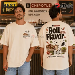 Chipotle x Snoopy Limited Edition Mascot T-Shirt 4 Off-white cotton t-shirt featuring Snoopy holding a burrito with Chipotle branding and Roll With Flavor text on the back.!