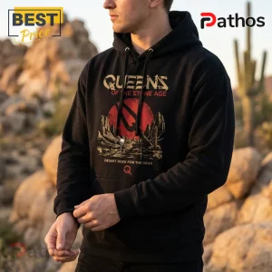 Queens of the Stone Age Desert Rock Australia Tour 2026 Hoodie 6 Black cotton hoodie featuring Queens of the Stone Age band graphics with a red sun, skull, and desert landscape design.!