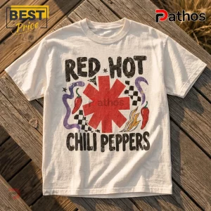 Red Hot Chili Peppers Vintage Cream T-Shirt 2 Off-white cotton t-shirt with Red Hot Chili Peppers logo, red star graphic, chili peppers, and checkerboard accents.!