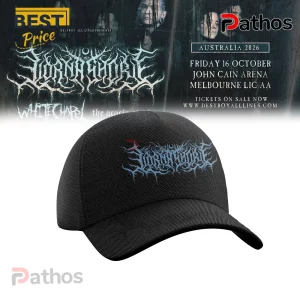 Black baseball cap featuring an embroidered Lorna Shore band logo in white and blue metallic thread on the front panel.!