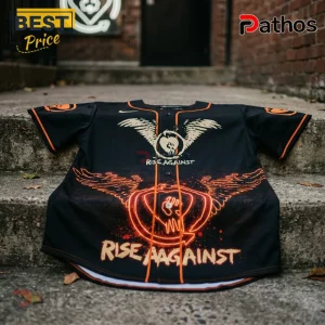 Black baseball jersey featuring Rise Against heart-fist logo with orange wings, button-down front, on stone stairs.!
