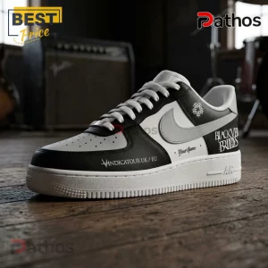 Black Veil Brides Vindicatour UK Tour 2026 Custom Low Top Shoes 3 Black and white low-top sneaker featuring Black Veil Brides text, VINDICATOUR UK/EU logo, and custom name placement.!