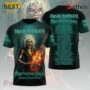 Iron Maiden Run For Your Lives 2026 Tour Apparel Hoodie 1 Iron Maiden Run For Your Lives 2026 tour t-shirt with Eddie mascot playing a flaming guitar and back tour date list.!