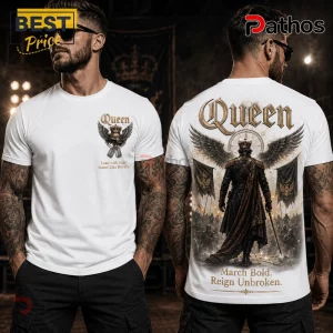 White graphic t-shirt featuring Queen text with winged crown emblem on front and a warrior king design on the back.!