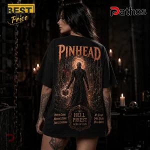 Pinhead Lament Configuration Horror Movie Black T-Shirt 4 Black oversized t-shirt featuring Hellraiser Pinhead holding a puzzle box with orange text graphics on the back.!