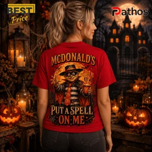McDonalds Halloween Witch Burger Spooky Season Red T-Shirt 4 McDonalds Halloween Witch Burger Spooky Season Red T-Shirt featuring a stylized Hamburglar graphic with occult elements.