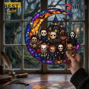 Horror Movie Killers Stained Glass Halloween Suncatcher 3 Horror Movie Killers Stained Glass Halloween Suncatcher with chibi figures of iconic slashers inside a crescent moon.