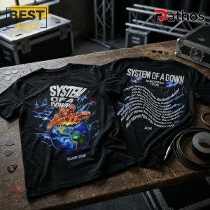 Black System of a Down cotton t-shirt with earth and hand graphic on front and European tour dates on back.!