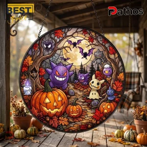 Halloween Cute Monster Stained Glass Suncatcher 5 Halloween Cute Monster Stained Glass Suncatcher featuring purple ghost characters, pumpkins, and autumn leaves in a frame.