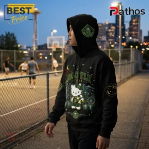 Seattle Storm x Hello Kitty black pullover hoodie featuring a front graphic of the character against a city skyline.