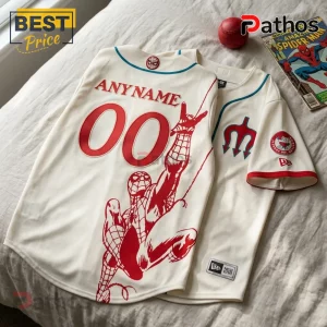 Diablos Rojos del Mexico x Spider-Man Personalized Baseball Jersey in cream with red graphics and custom player name.