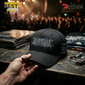 Lorna Shore 2026 Australia Tour Black Cap 3 Black structured baseball cap featuring silver death metal typography on front and tour dates printed on the side panel.!