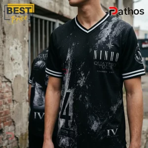 Black V-neck jersey with silver NINHO QUATTRO TOUR 2021 text, paint splatter texture, and striped sleeve cuffs.!