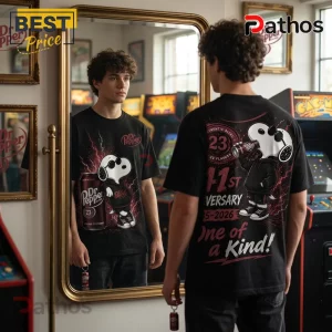 Dr Pepper x Snoopy 141st Anniversary Lightning Black T-Shirt 3 Dr Pepper x Snoopy 141st Anniversary Lightning Black T-Shirt featuring a cartoon dog holding a soda with lightning motifs.