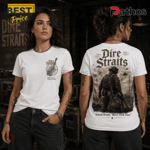 Dire Straits Military Theme White T-Shirt 4 White cotton t-shirt featuring Dire Straits band logo, a soldier with a guitar, and war-themed graphic artwork.!