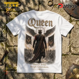 White cotton t-shirt featuring a back graphic of a king with wings holding a sword, with text Queen and March Bold.!