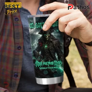 Iron Maiden stainless steel tumbler featuring an undead pirate captain graphic with neon green text reading Run For Your Lives.!