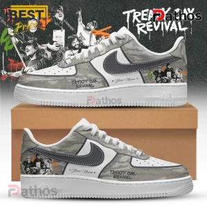 Custom gray camouflage sneakers featuring Treaty Oak Revival band graphics, black swoosh, white soles, and name space.!