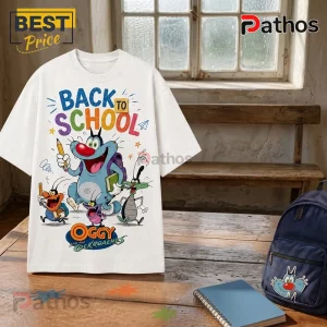Oggy and the Cockroaches Back to School White T-Shirt 2 Oggy and the Cockroaches Back to School white t-shirt featuring animated characters and colorful text on a wooden desk.