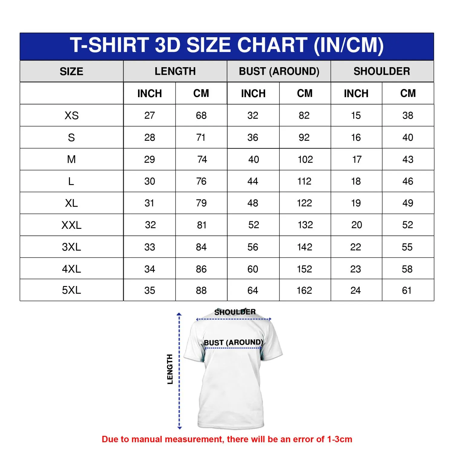 3D T-Shirt Size Chart Guide