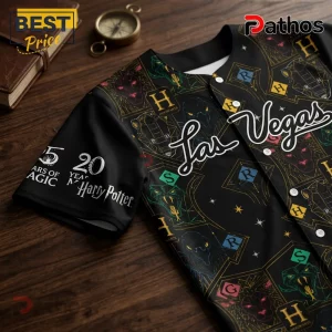 Harry Potter x Las Vegas Aviators 2026 Limited Edition Baseball Jersey 1 Harry Potter x Las Vegas Aviators 2026 baseball jersey with black fabric, magical symbols, gold text, and white buttons.