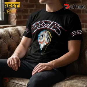 Black cotton t-shirt featuring a vintage Eagles band logo and stylized eagle skull graphic with red and blue outlines.!