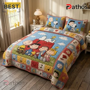 Peanuts Character Patchwork Pattern Quilt Bedding Set 3 Peanuts Character Patchwork Pattern Quilt Bedding Set featuring Snoopy, Charlie Brown, and friends on a blue quilt.
