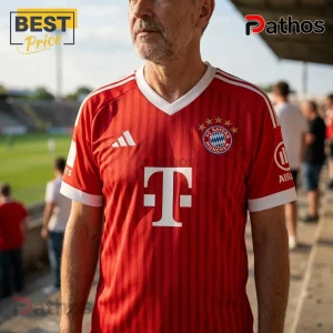 BTS x Bayern Munich RM 7 Red Football Jersey 2 Man wearing red FC Bayern Munich soccer jersey with white T-Mobile sponsor logo and Adidas branding on a stadium field.!