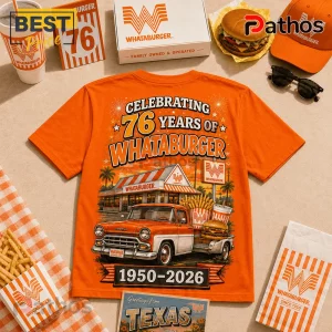 Whataburger 76 Years Celebration Orange T-Shirt 2 Orange graphic t-shirt featuring a vintage truck, Whataburger restaurant, and 76th anniversary text on a beige surface.!