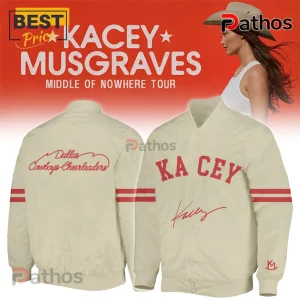 Cream-colored snap-button varsity jacket with red text reading KACEY and Dallas Cowboys Cheerleaders print on reverse.!