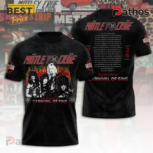 Motley Crue The Return of Carnival of Sins 2026 Tour T-shirt featuring band members, red flames, and back tour date list.