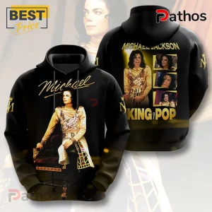 Michael Jackson King of Pop Gold Photo T-Shirt 4 Black hooded sweatshirt featuring Michael Jackson in a gold outfit, text reading Michael Jackson and King of Pop.!